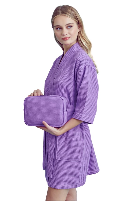 Waffle Women's Robe with Complimentary Makeup Bag - Chic Thigh-Length Kimono Bathrobe for Bridal Bliss