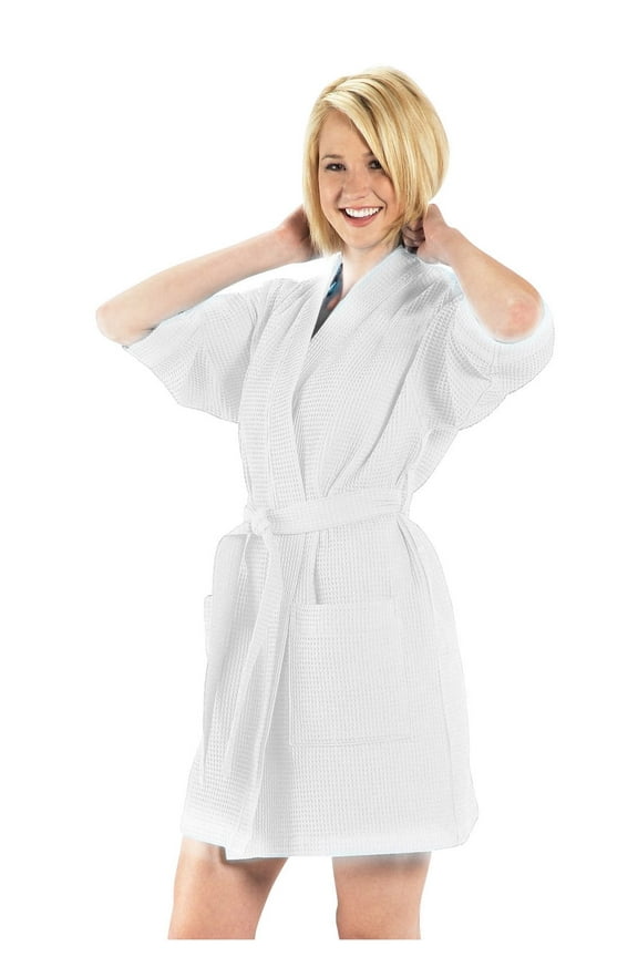 Waffle Womens Robe, Short Bathrobe Ladies, Small Medium, White Color