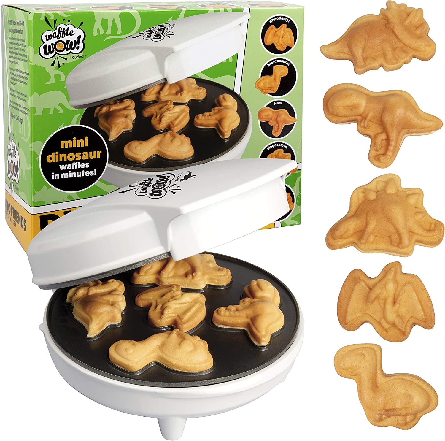 Waffle Wow Dinosaur Mini Waffle Maker- 5 Different 3D Shaped Dinos in Minutes- Breakfast for Kids, Adults w Cool Novelty Pancakes, Electric NonStick Waffler Iron