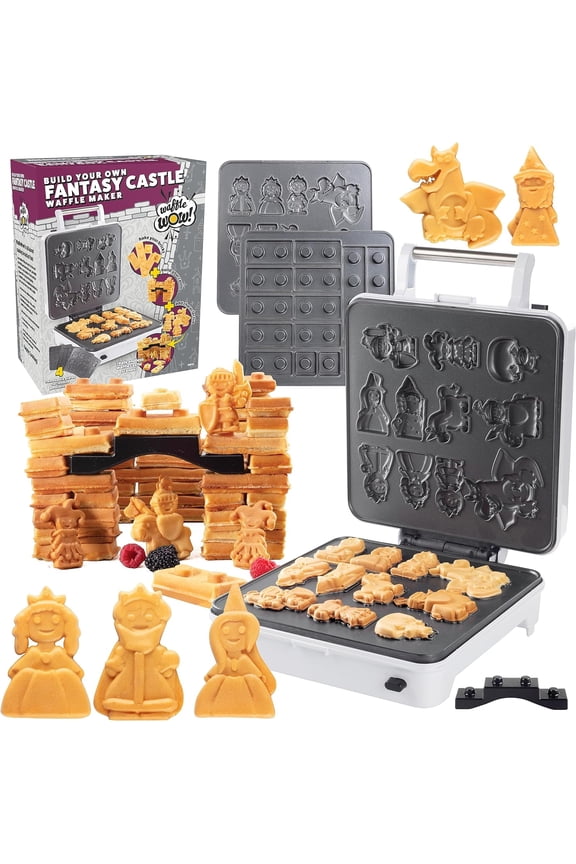 Fantasy Castle Waffle Maker- Bake & Build Castle of Waffles or Pancakes Shaped Like Bricks Knights Princesses Dragons & More- Electric Nonstick Iron w 4 Removable Dishwasher Safe Plates