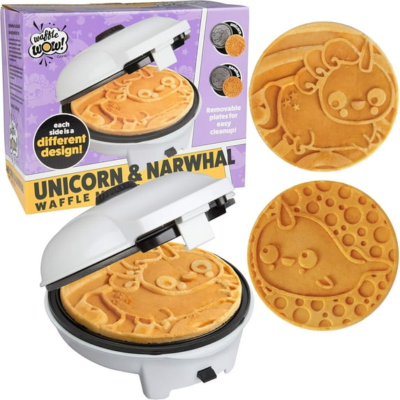 Waffle Wow! Giant 8" Pancake and Waffle Maker w Removable Plates- Makes large 8" Unicorn or Narwhal Pancakes that Makes Kid's Breakfast Fun- Non-Stick Waffler Griddle w Adjustable Temperature