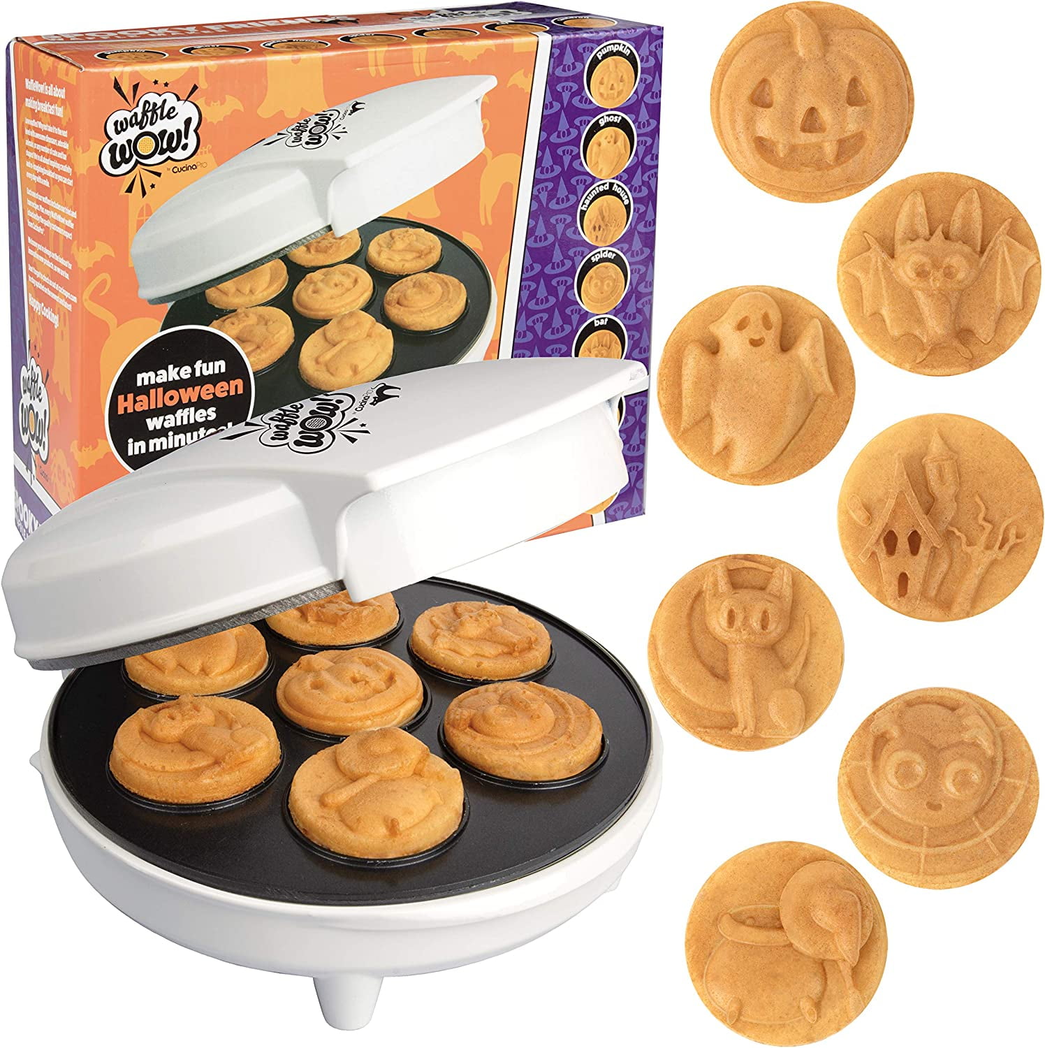 Waffle Wow! Halloween Mini Waffle Maker with 7 Spooky Designs, Nonstick Electric Waffle Iron for Kids' Breakfasts and Party Treats, Black/White