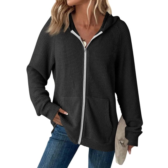 Waffle Zip Up Hoodie Women Long Sleeve Y2k Hooded Sweatshirt Trendy Fall Casual Pullover Tops with Pockets