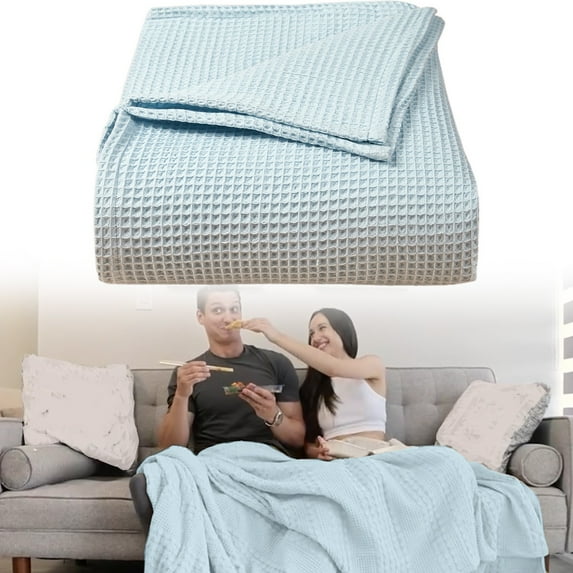Waffle-knitted towel blanket, pure cotton, light blue/ Weave Cotton Large Bed Throw Sofa Cover Travel Blanket Coziness To Your Bedroom Premises