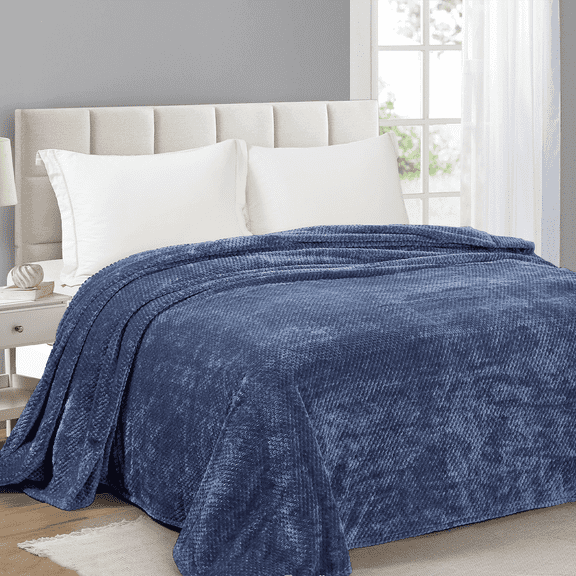 Throw Blanket, Queen Size Decorative Blankets with Waffle Wave Design, Super Soft Fuzzy Bed Blanket 260GSM, Luxury Lightweight and Breathable Throws for Couch Sofa Chair,Great for Gift,Travel,Blue