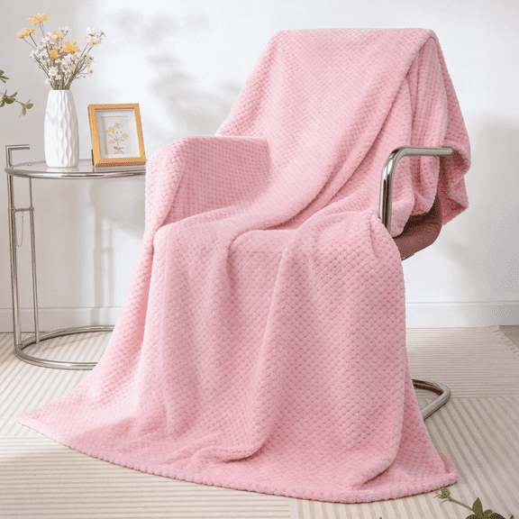 Throw Blanket, Pink Decorative Throws with Waffle Wave Design, Super Soft Plush Fuzzy Blankets 260GSM, Luxury Lightweight and Breathable Throws for Couch Sofa Chair Bed, Great for Gift,Travel, Office