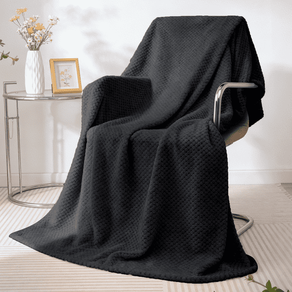 Throw Blanket, Twin Size Decorative Blankets with Waffle Wave Design, Super Soft Fuzzy Bed Blanket 260GSM, Luxury Lightweight and Breathable Throws for Couch Sofa Chair,Great for Gift,Travel, Black