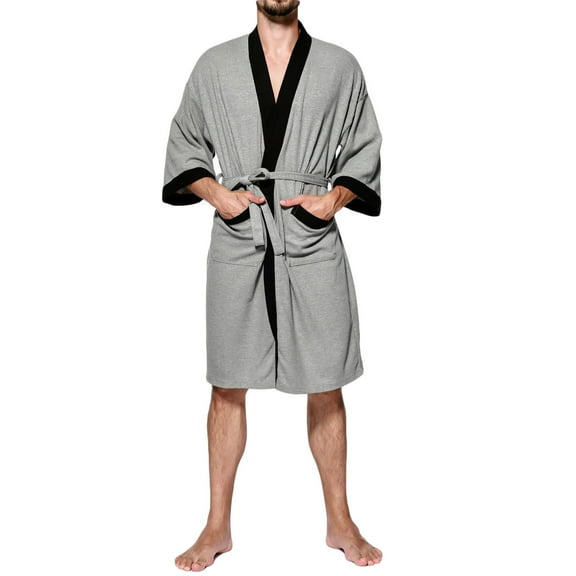 Waffleknit Bath Robes for Men with Pockets and Belt 3/4 Sleeve Bathrobes Mens Casual Color Block Open Front Knee Length Loungewear Outfits Pajamas