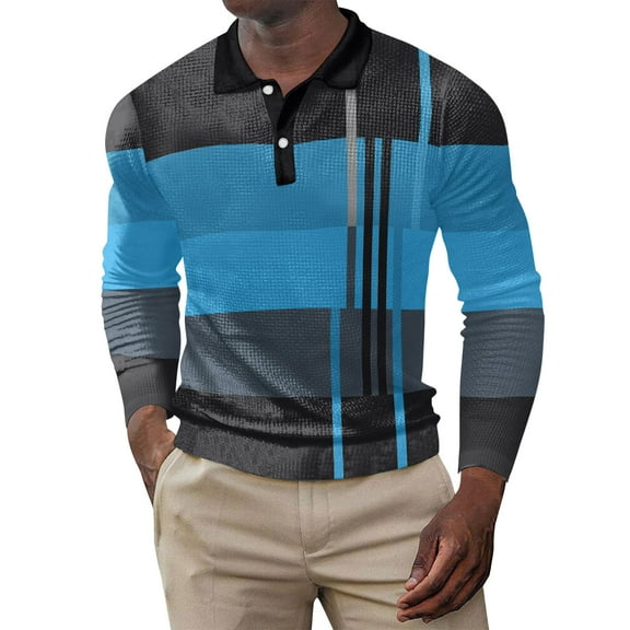 Waffleknit Golf Shirts for Men Long Sleeve Button Collared T-Shirts Mens Casual Color-Block Pullover Breathable Lapel Office Work Tees Tops
