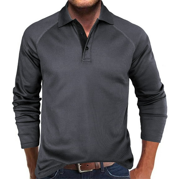 Waffleknit Golf Shirts for Men Long Sleeve T-Shirts Button Collared Casual Solid Color Pullover Slim-Fit Breathable Athletic Workout Tees Tops