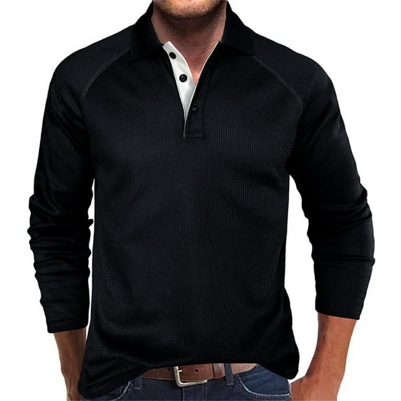 Waffleknit Golf Shirts for Men Long Sleeve T-Shirts Button Collared Casual Solid Color Pullover Slim-Fit Breathable Athletic Workout Tees Tops