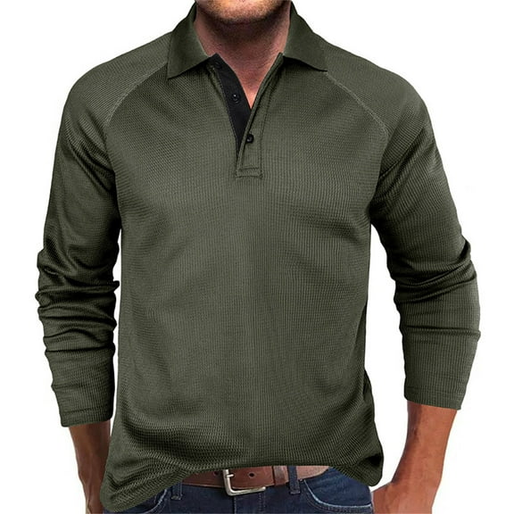 Waffleknit Golf Shirts for Men Long Sleeve T-Shirts Button Collared Casual Solid Color Pullover Slim-Fit Breathable Athletic Workout Tees Tops