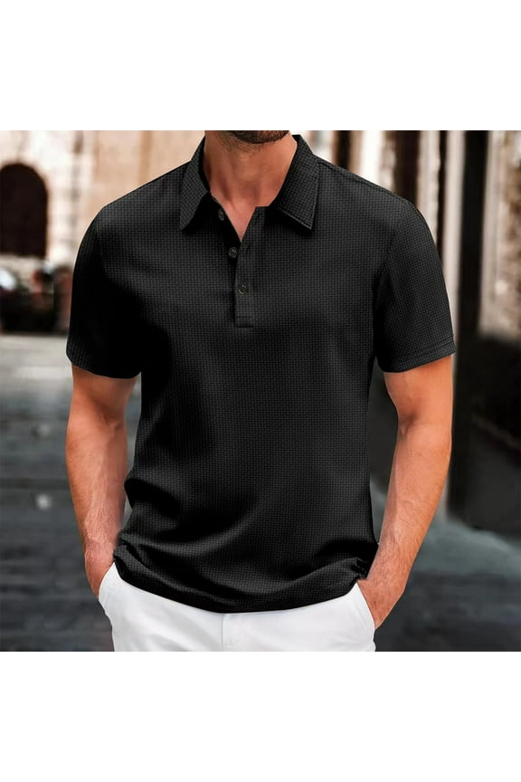 Waffleknit Golf Shirts for Men Short Sleeve T-Shirts Mens Casual Solid Color Pullover Button Collared Breathable Slim Going-Out Work Tees Tops