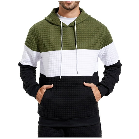 Waffleknit Hoodies for Men with Front Pocket Pullover Long Sleeve Sweatshirts Mens Casual Color Block Drawstring Athletic Workout Hoodie Tops