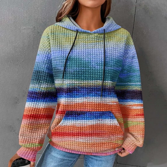 Waffleknit Hoodies for Women with Pocket Plus Size S-5X Pullover Sweatshirts Casual Long Sleeve Trendy Color Block Comfort Hoodies Tops