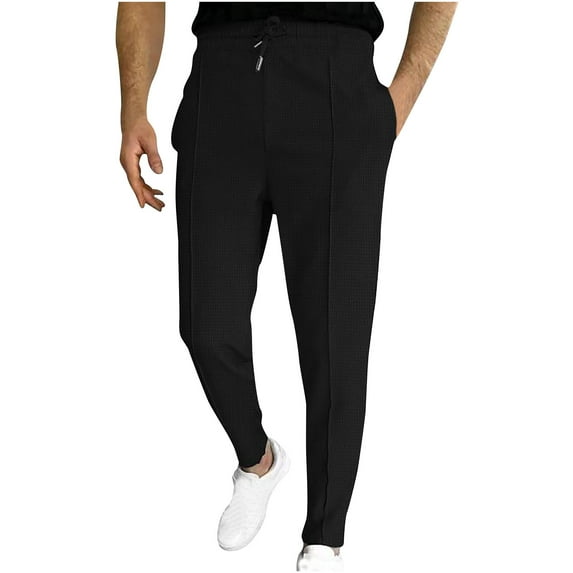 Waffleknit Pants for Men with Pockets Drawstring Elastic Waist Trousers Casual Solid Color Stretchy Slim Straight Leg Athletic Workout Pant