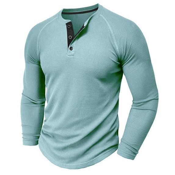 Waffleknit Shirts for Men with Button Crewneck Long Sleeve Sweatshirts Mens Casual Solid Color Pullover Slim Basic Raglan Athletic Workout Tshirts Tops