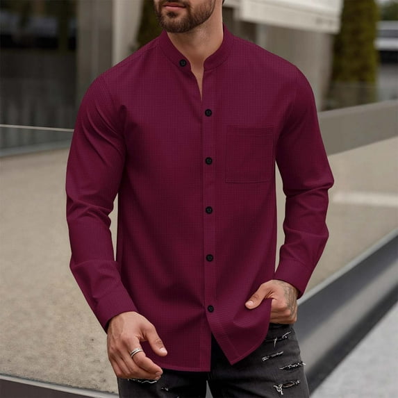 Waffleknit Shirts for Men with Pocket Long Sleeve Tshirts Shirt Button-Down Mock Neck Solid Color Lightweight Casual Going-Out Work Tees Tops