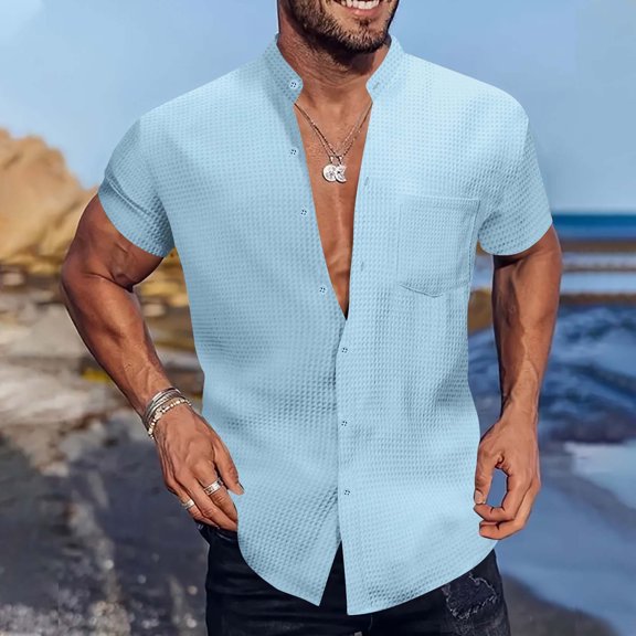 Waffleknit Shirts for Men with Pocket Short Sleeve Button-Down Tshirts Shirt Mens Casual Solid Color Lightweight Mock Neck Going-Out Beach Tees Tops