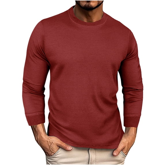 Waffleknit T Shirts for Men Casual Long Sleeve Round Neck Tops Basic Solid Color Pullover Comfort Slim Fit Work Tees T-Shirts