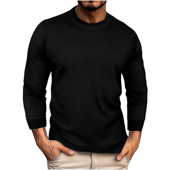 Waffleknit T Shirts for Men Casual Long Sleeve Round Neck Tops Basic Solid Color Pullover Comfort Slim Fit Work Tees T-Shirts
