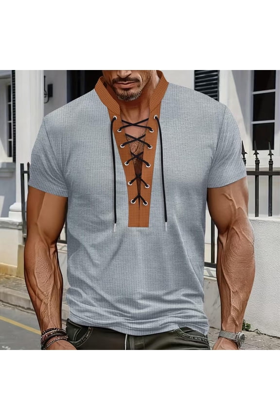 Waffleknit T-Shirts for Men Drawstring Deep V Neck Short Sleeve Tees Tops Mens Trendy Color-Block Pullover Going-Out Vintage Shirts