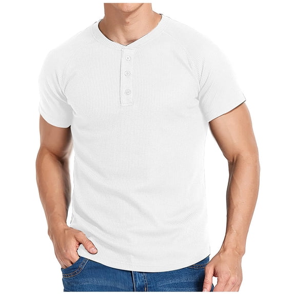 Waffleknit T Shirts for Men Short Sleeve Button Crewneck Tees Tops Mens Casual Solid Color Pullover Slim Breathable Basic Going-Out Tshirts Shirt