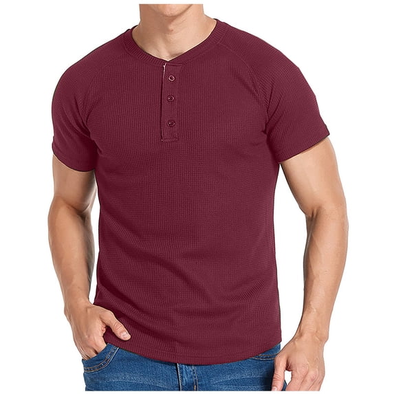Waffleknit T Shirts for Men Short Sleeve Button Crewneck Tees Tops Mens Casual Solid Color Pullover Slim Breathable Basic Going-Out Tshirts Shirt