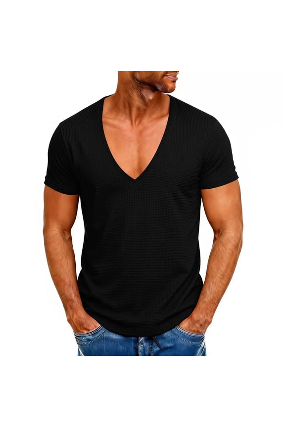 Waffleknit T Shirts for Men Short Sleeve Deep V Neck Tees Tops Mens Trendy Solid Color Pullover Slim Breathable Streetwear Tshirts Shirt