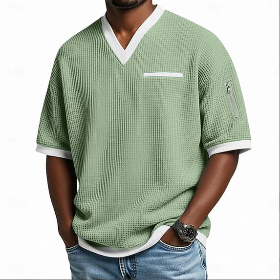 Waffleknit T Shirts for Men with Zipper Short Sleeve V Neck Tees Tops Mens Casual Color Block Pullover Breathable Athletic Workout Tshirts Shirt