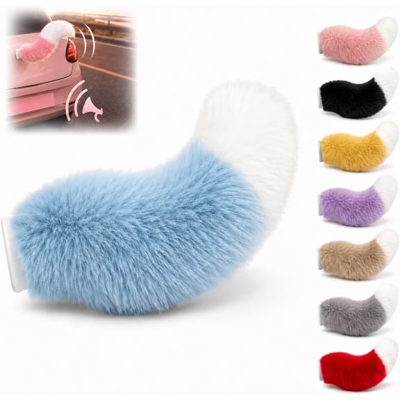 Wagging Cat Tail with Remote Control & Voice, Plush Fox Ornament, Rechargeable Dog Waving for Auto Trunk Bumper - Car Accessory for Pet Fans (Blue) (K)