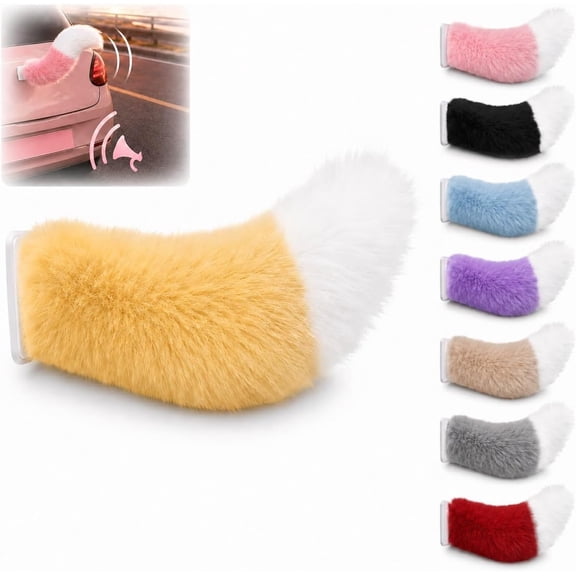 Wagging Cat Tail with Remote Control & Voice, Plush Fox Ornament, Rechargeable Dog Waving for Auto Trunk Bumper - Car Accessory for Pet Fans (Yellow) (K)