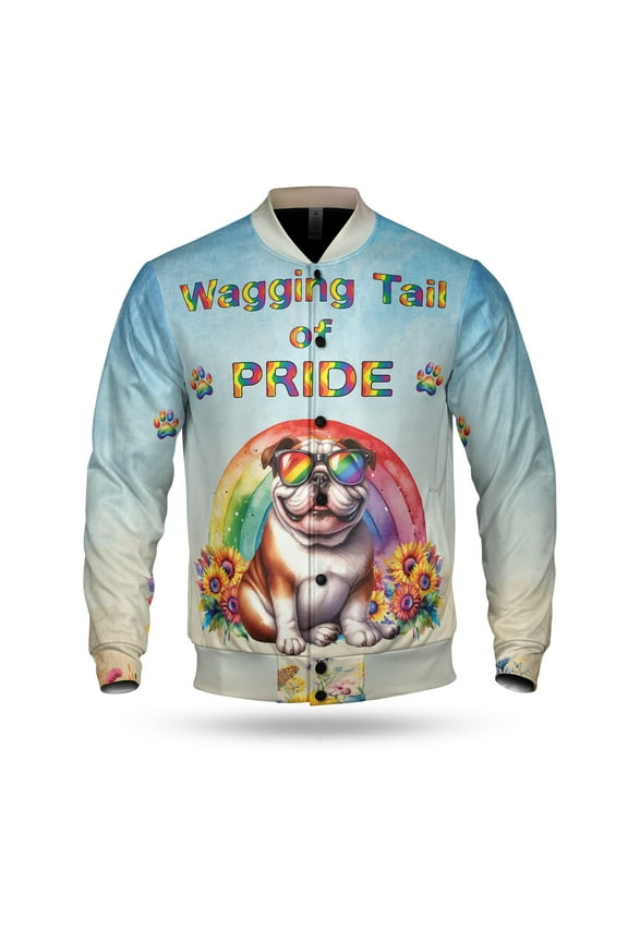 Wagging Tail Bulldog Celebrates Rainbow Pride Month LGBT LGBTQ+ All Over Print 3D Baseball Jacket Dog Lover Gifts Idea Bomber Jacket Softball - 01003