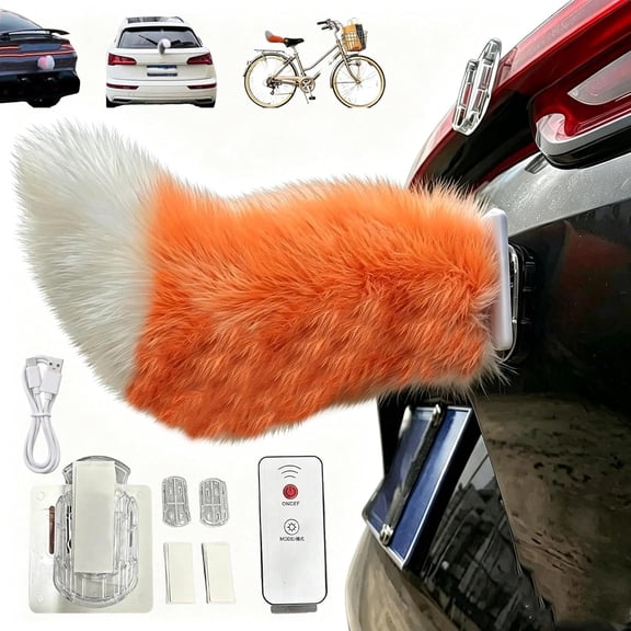 Wagging Tail for Car, 3 Modes Sound/Remote/Tap Control Moving Fuzzy Tails, Cute Furry Electric Plush Cat Tail for Auto Trunk, SUV, Bike, Rechargeable Car Exterior Decoration Accessory(Orange)