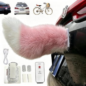 Wagging Tail for Car, 3 Modes Sound/Remote/Tap Control Moving Fuzzy Tails, Cute Furry Electric Plush Cat Tail for Auto Trunk, SUV, Bike, Rechargeable Car Exterior Decoration Accessory(Pink)
