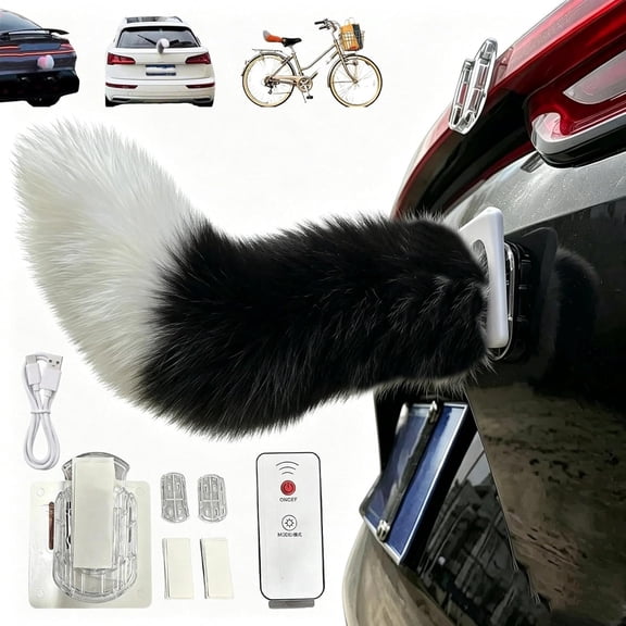 Wagging Tail for Car, 3 Modes Sound/Remote/Tap Control Moving Fuzzy Tails, Cute Furry Electric Plush Cat Tail for Auto Trunk, SUV, Bike, Rechargeable Car Exterior Decoration Accessory(Black)