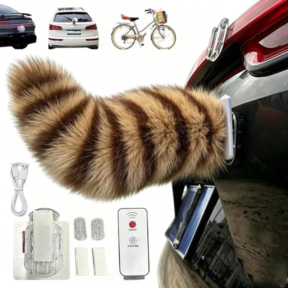 Wagging Tail for Car, 3 Modes Sound/Remote/Tap Control Moving Fuzzy Tails, Cute Furry Electric Plush Cat Tail for Auto Trunk, SUV, Bike, Rechargeable Car Exterior Decoration Accessory(Raccoon)