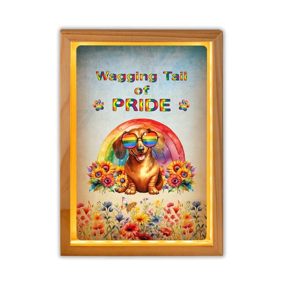 Wagging Tail Dachshund Celebrates Rainbow Pride Month LGBT LGBTQ+ Acrylic Plaque with Wood Photo Frame Box Wiener Dog Lover Gifts Idea Light Box - 01003