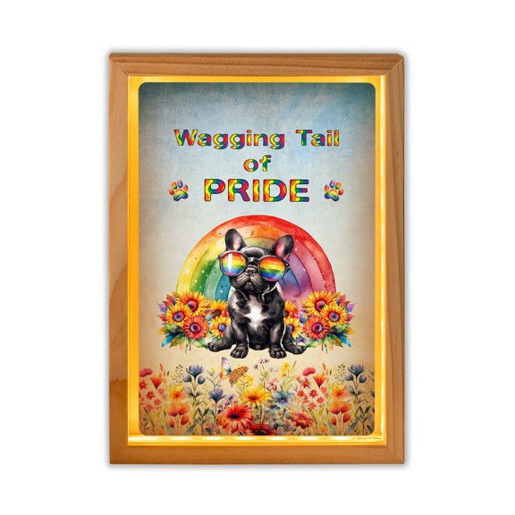 Wagging Tail French Bulldog Celebrates Rainbow Pride Month LGBT LGBTQ+ Acrylic Plaque with Wood Photo Frame Box Dog Lover Gifts Light Box - 01003