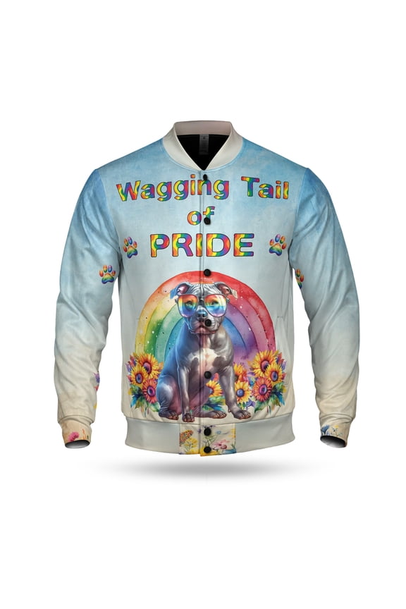 Wagging Tail Pitbull Celebrates Rainbow Pride Month LGBT LGBTQ+ All Over Print 3D Baseball Jacket Terrier Dog Lover Bomber Jacket Softball - 01003