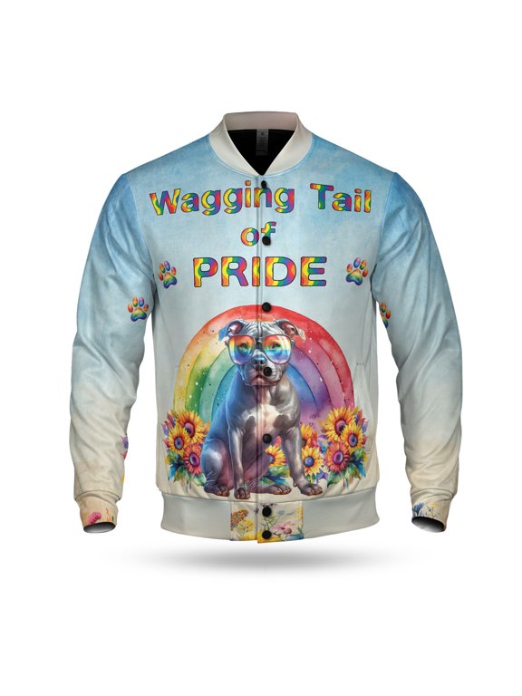 Wagging Tail Pitbull Celebrates Rainbow Pride Month LGBT LGBTQ+ All Over Print 3D Baseball Jacket Terrier Dog Lover Bomber Jacket Softball - 01003