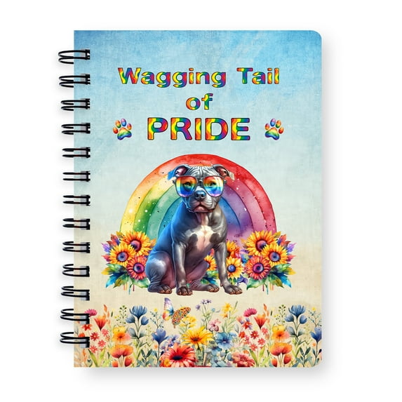 Wagging Tail Pitbull Celebrates Rainbow Pride Month LGBT LGBTQ+ Spiral Bound Journal Terrier Dog Lover 5x7in Spiral Notebook - 01003