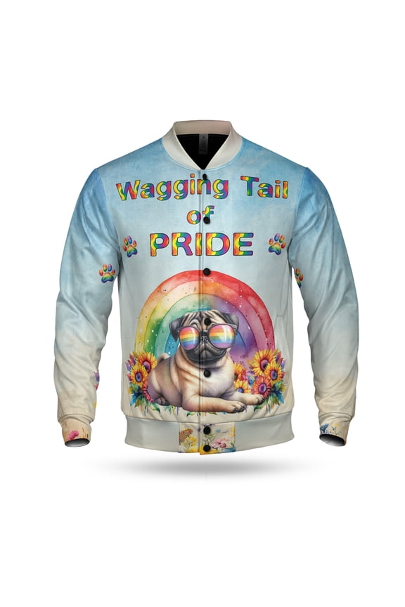 Wagging Tail Pug Celebrates Rainbow Pride Month LGBT LGBTQ+ All Over Print 3D Baseball Jacket Dog Lover Gifts Bomber Jacket Softball - 01003