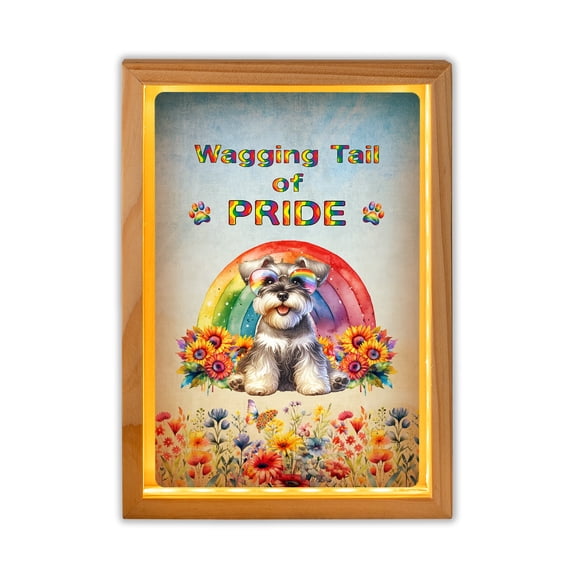 Wagging Tail Schnauzer Celebrates Rainbow Pride Month LGBT LGBTQ+ Acrylic Plaque with Wood Photo Frame Box Miniature Schnauzer Dog Lover Light Box - 01003