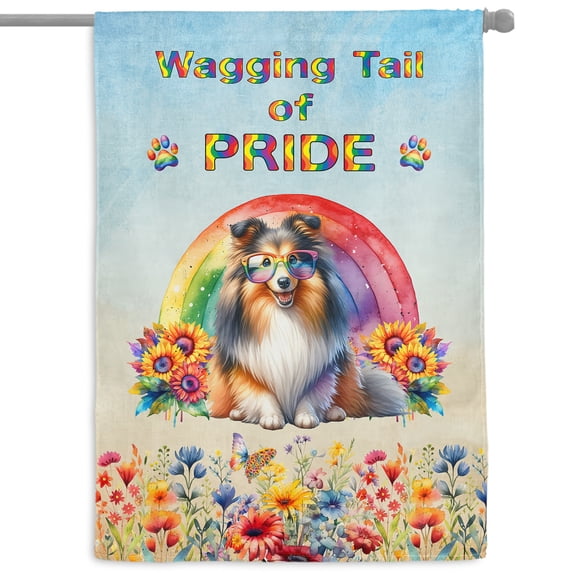 Wagging Tail Shetland Sheepdog Celebrates Rainbow Pride Month LGBT LGBTQ+ House Flag 28x40in Double Sided Sheltie Dog Lover Gifts Outdoor Decor - 01003