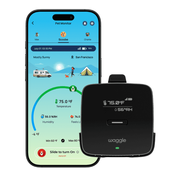 Waggle RV Pet Temperature Monitor – 4G Cellular | Real-Time Alerts for Temperature, Humidity & Power Loss | Dog Safety in RV, Car, or Home | App Controlled | No WiFi | Subscription Required