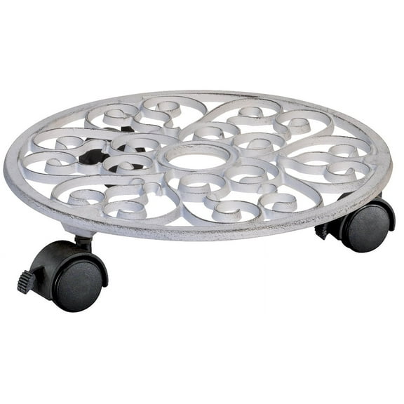 Wagner 11.4" White Round Cast Iron Plant Caddy Classic Design, 110 lbs Capacity, Smooth Rolling Casters