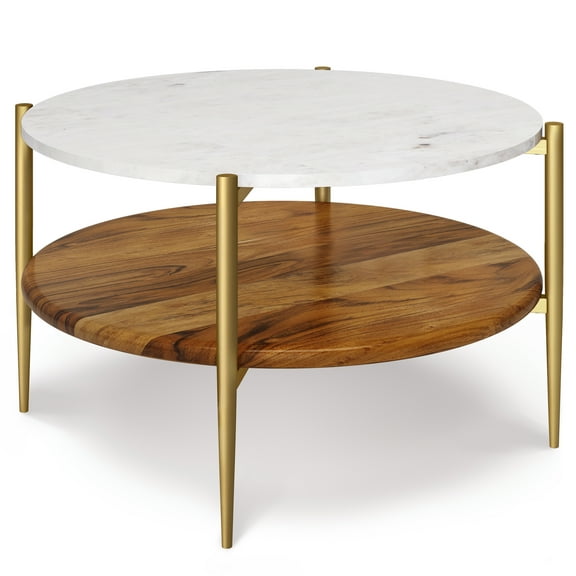 Simpli Home Wagner SOLID ACACIA WOOD 30 inch Wide Round Mid Century Modern Coffee Table in White/Natural