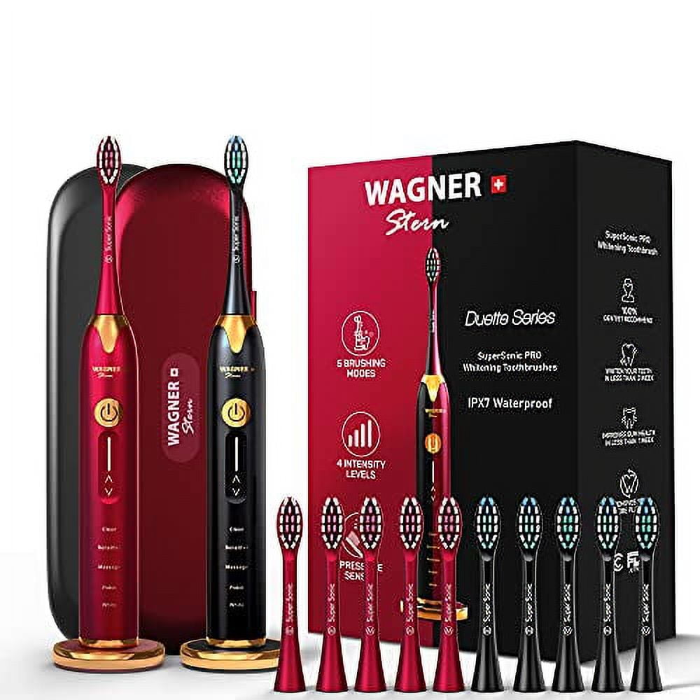 Wagner & Stern. Duette Series. 2 Electric toothbrushes with Pressure Sensor. 5 Brushing Modes and 4 Intensity Levels, 10 Dupont Bristles, 2 Premium Travel Cases. (Burgundy/Black)