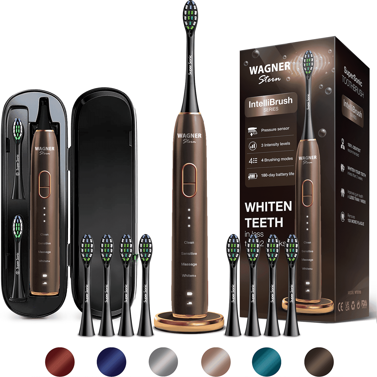 Wagner Stern IntelliBrush Series Whitening Electric Toothbrush with Pressure Sensor. Offers 4 Brushing Modes, 3 intensities, 8 Soft Brush Heads, and a Luxury Travel case.